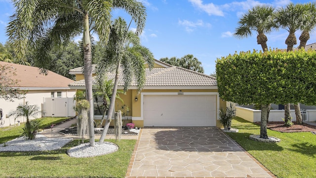 view of front facade with a tiled roof, a front lawn, an attached garage, and stucco siding