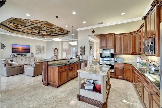 kitchen with stainless steel appliances, coffered ceiling, open floor plan, dark stone counters, and open shelves