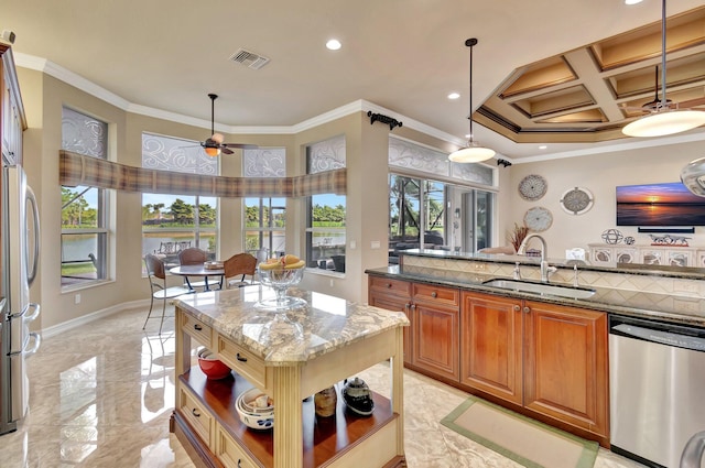 kitchen with stainless steel appliances, a sink, visible vents, marble finish floor, and open shelves