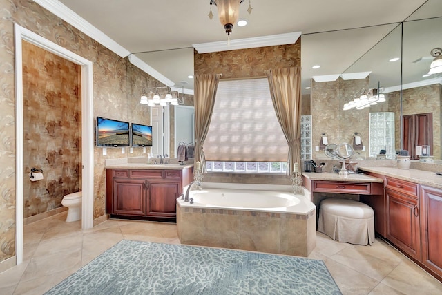 bathroom featuring toilet, ornamental molding, tile patterned floors, a garden tub, and a sink