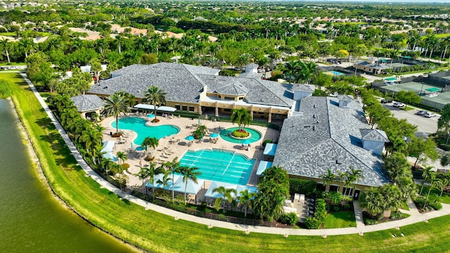 aerial view featuring a water view