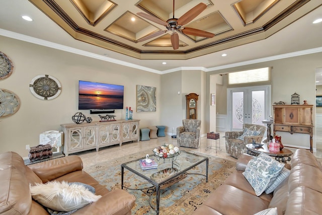 living room featuring recessed lighting, coffered ceiling, a ceiling fan, ornamental molding, and french doors