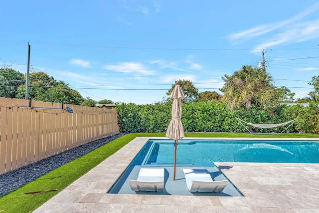 view of pool with a fenced in pool, a patio area, and a fenced backyard