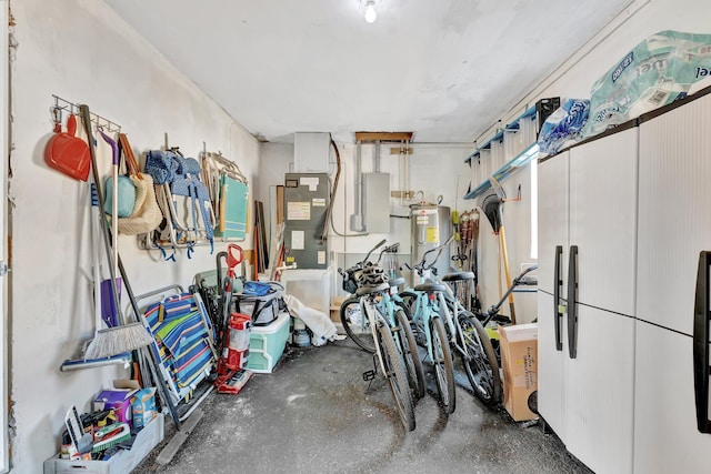 storage room featuring electric panel, electric water heater, and heating unit