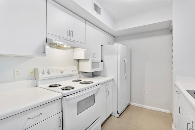 kitchen featuring light countertops, visible vents, white cabinets, white appliances, and under cabinet range hood