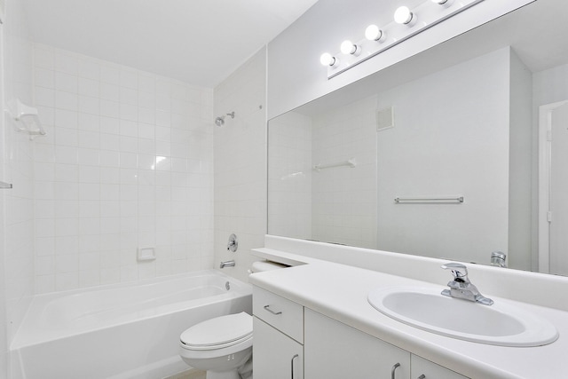 full bath featuring toilet, visible vents,  shower combination, and vanity