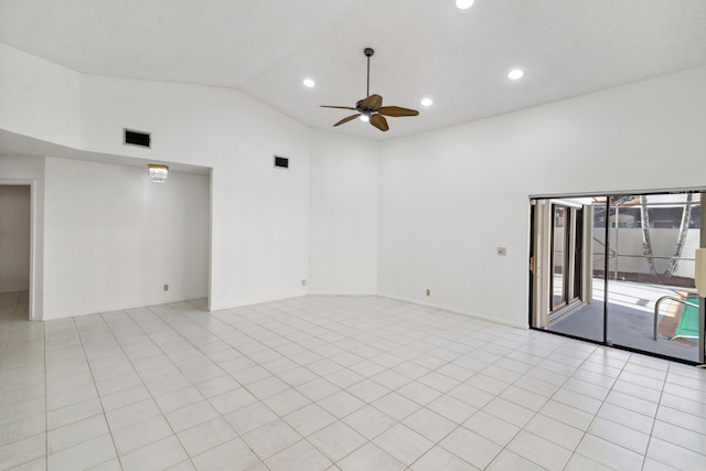 unfurnished room featuring light tile patterned floors, visible vents, lofted ceiling, ceiling fan, and recessed lighting