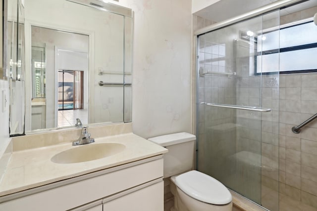 bathroom with a shower stall, toilet, and vanity