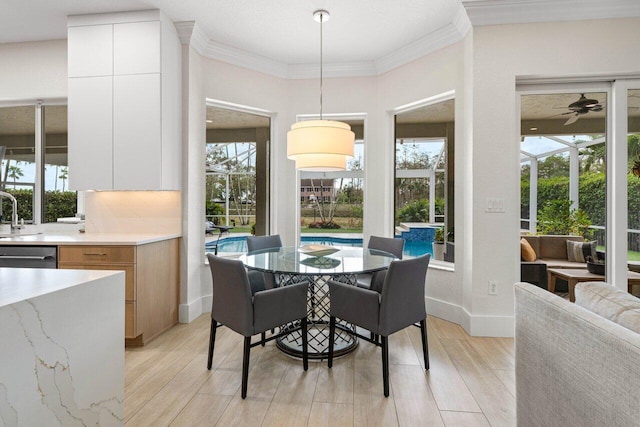 dining area featuring ornamental molding, light wood-type flooring, and a wealth of natural light