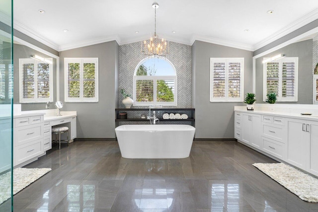 bathroom featuring lofted ceiling, baseboards, and crown molding