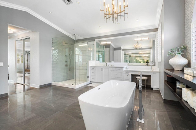 bathroom featuring a chandelier, vanity, a soaking tub, a stall shower, and crown molding