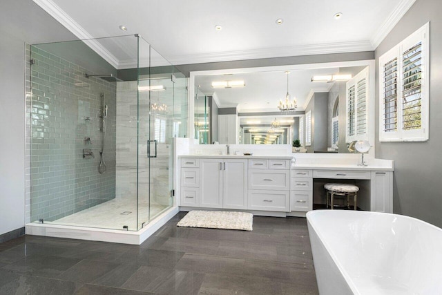 bathroom featuring a shower stall, vanity, and crown molding