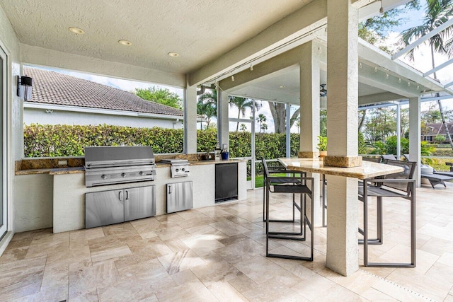 view of patio featuring a lanai, grilling area, and area for grilling