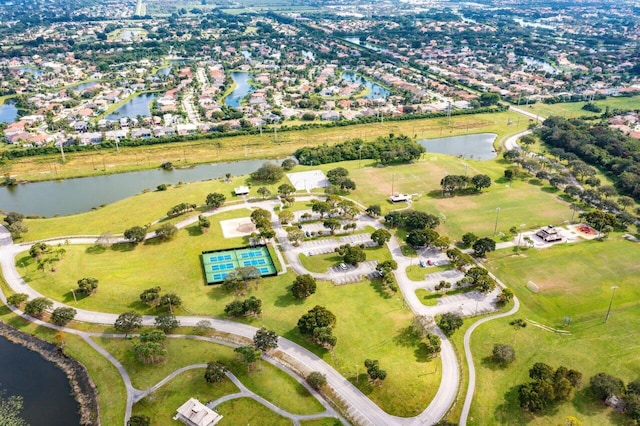 drone / aerial view with a water view