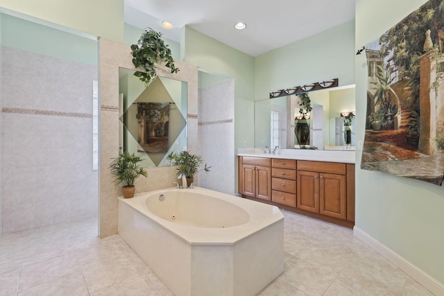 full bath featuring a walk in shower, a tub with jets, tile patterned flooring, baseboards, and vanity