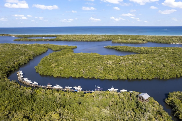 birds eye view of property featuring a water view