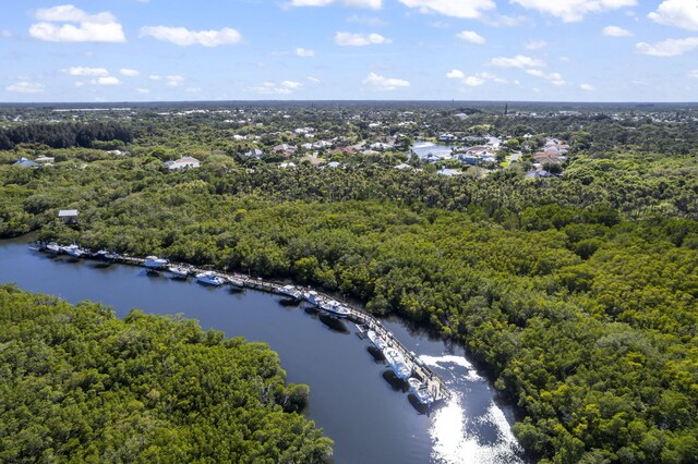 aerial view with a water view and a wooded view