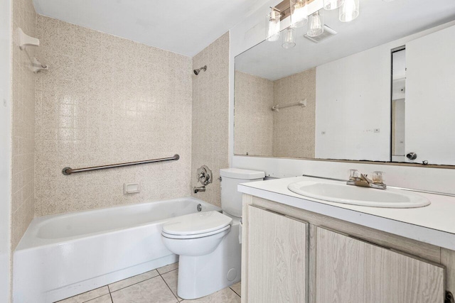 full bath featuring washtub / shower combination, tile patterned flooring, vanity, and toilet