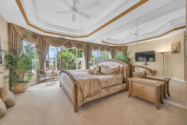 bedroom featuring a tray ceiling, multiple windows, and carpet flooring