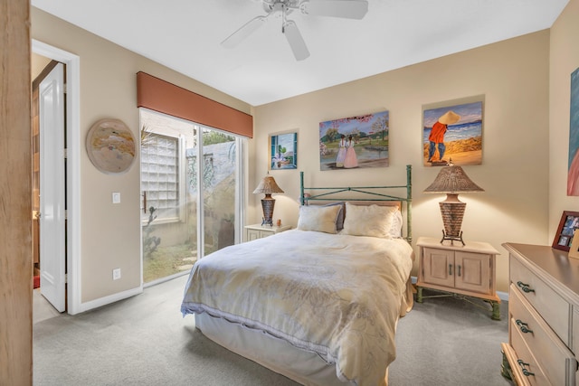 carpeted bedroom with access to outside, baseboards, and a ceiling fan