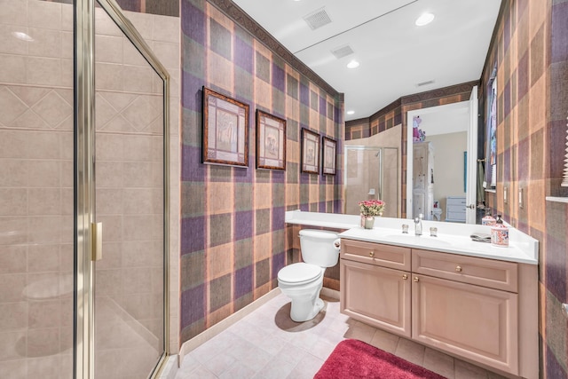 full bathroom with recessed lighting, visible vents, toilet, a stall shower, and vanity