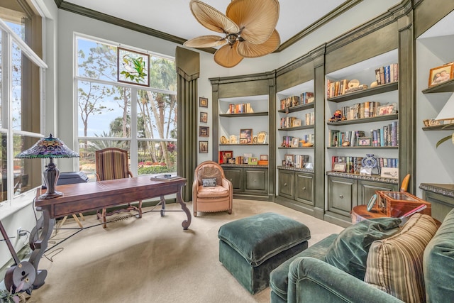 interior space with light colored carpet and crown molding