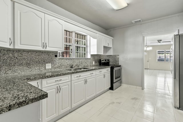 kitchen featuring visible vents, backsplash, appliances with stainless steel finishes, white cabinetry, and a sink