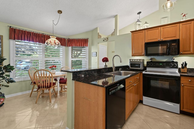 kitchen with light tile patterned flooring, a peninsula, a sink, vaulted ceiling, and black appliances