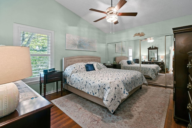 bedroom featuring a closet, a ceiling fan, vaulted ceiling, and wood finished floors