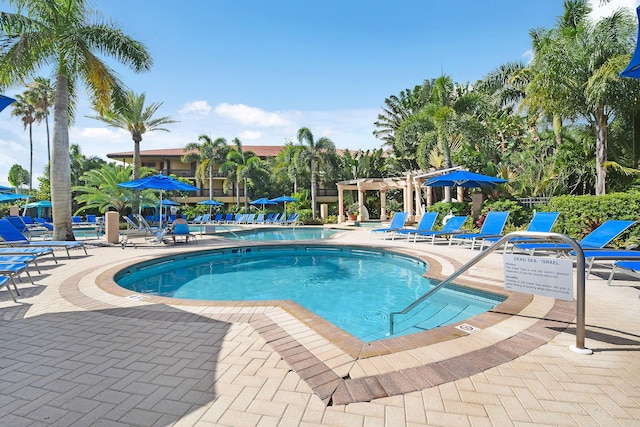 pool featuring a patio and a pergola