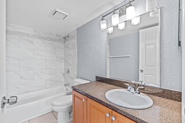 bathroom with toilet, shower / washtub combination, a textured ceiling, and a textured wall