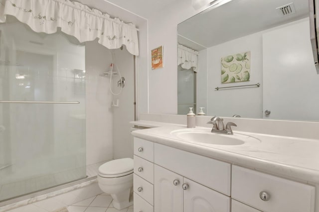 full bathroom with toilet, visible vents, vanity, a shower stall, and tile patterned floors