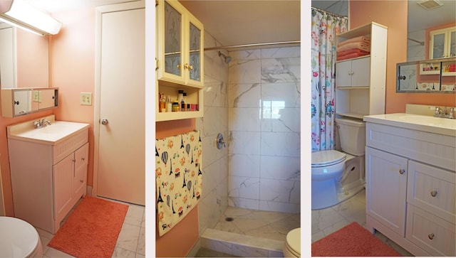 bathroom featuring tiled shower, two vanities, a sink, and toilet