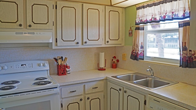 kitchen with light countertops, decorative backsplash, a sink, white appliances, and under cabinet range hood