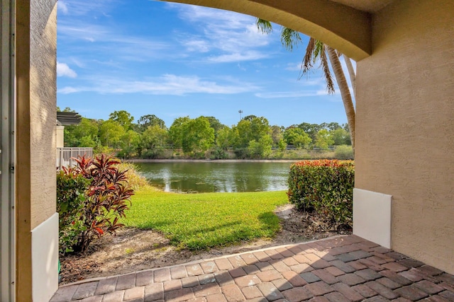 exterior space featuring a water view