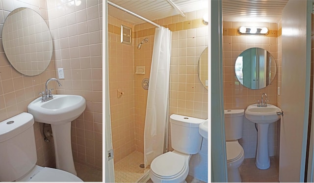 bathroom with a shower stall, toilet, and tile walls