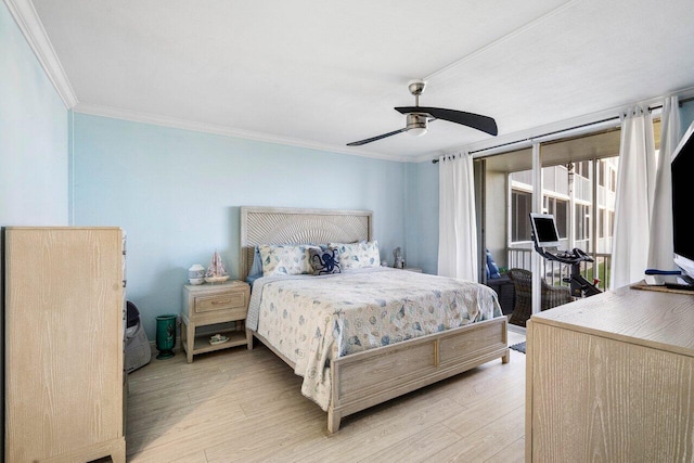 bedroom featuring access to outside, light wood-type flooring, a ceiling fan, and crown molding