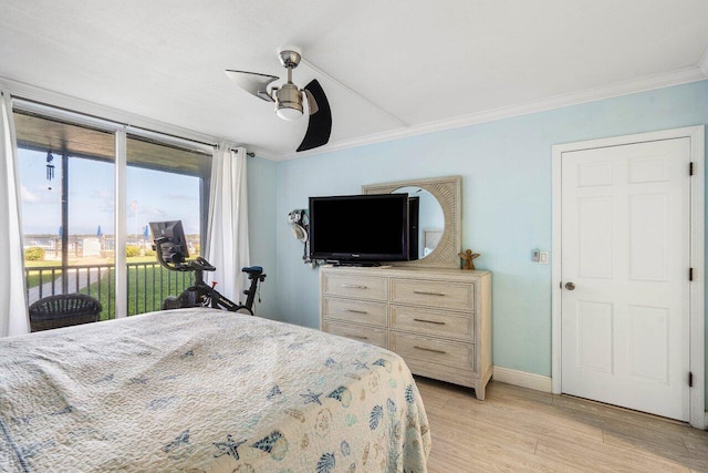 bedroom featuring a ceiling fan, baseboards, access to outside, light wood finished floors, and crown molding