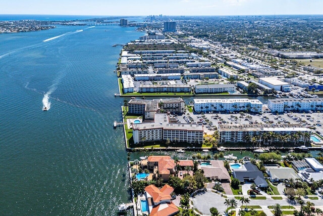 aerial view with a view of city and a water view