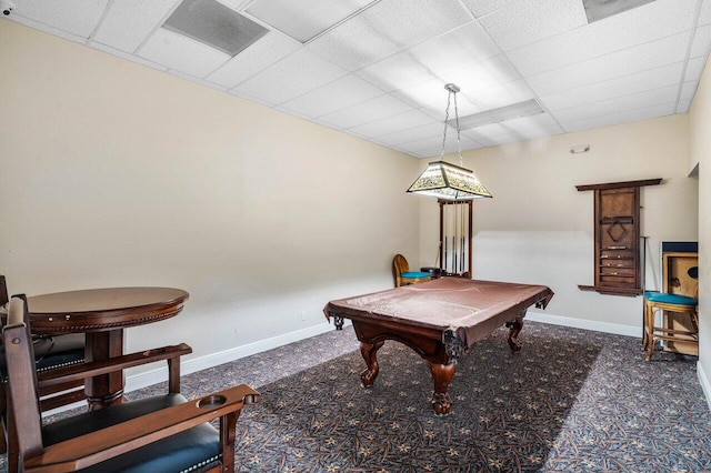 rec room featuring a drop ceiling, billiards, and baseboards