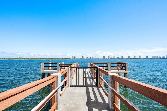 dock area featuring a water view and a view of city