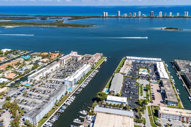 drone / aerial view with a water view