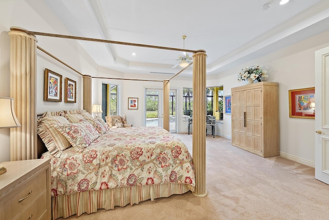 bedroom featuring recessed lighting, light carpet, baseboards, access to exterior, and a raised ceiling