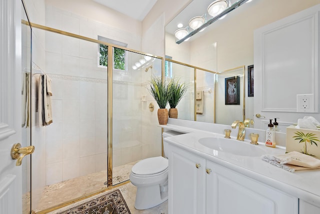 full bathroom featuring a shower stall, toilet, and vanity