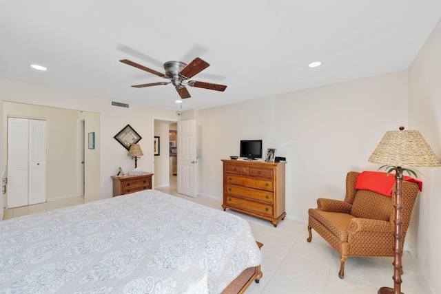 bedroom featuring recessed lighting, visible vents, light tile patterned flooring, ceiling fan, and baseboards