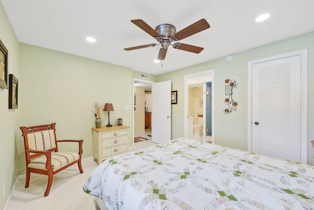 bedroom featuring ensuite bathroom, a ceiling fan, visible vents, and recessed lighting