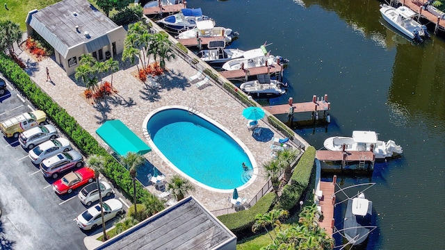 drone / aerial view with a water view