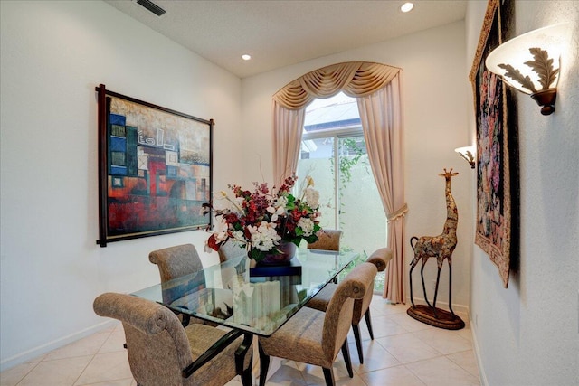 dining area featuring recessed lighting, visible vents, baseboards, and light tile patterned floors