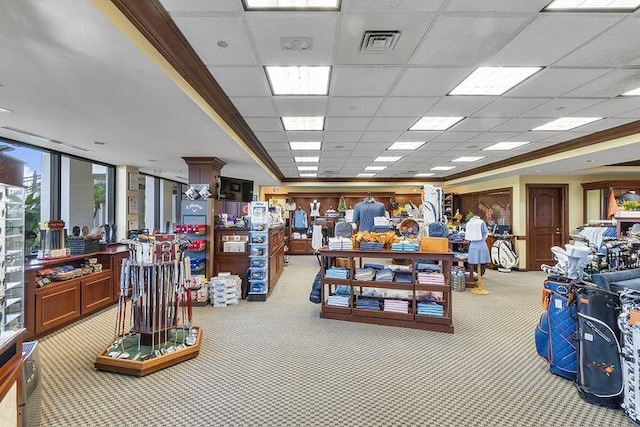 miscellaneous room featuring visible vents, a drop ceiling, and carpet flooring