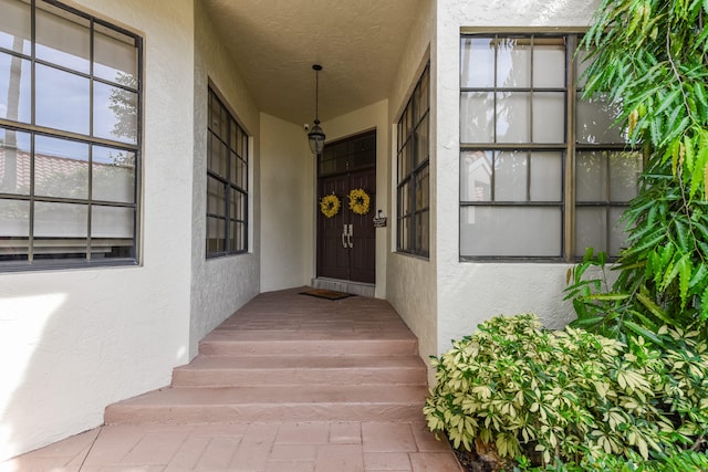 view of exterior entry featuring stucco siding